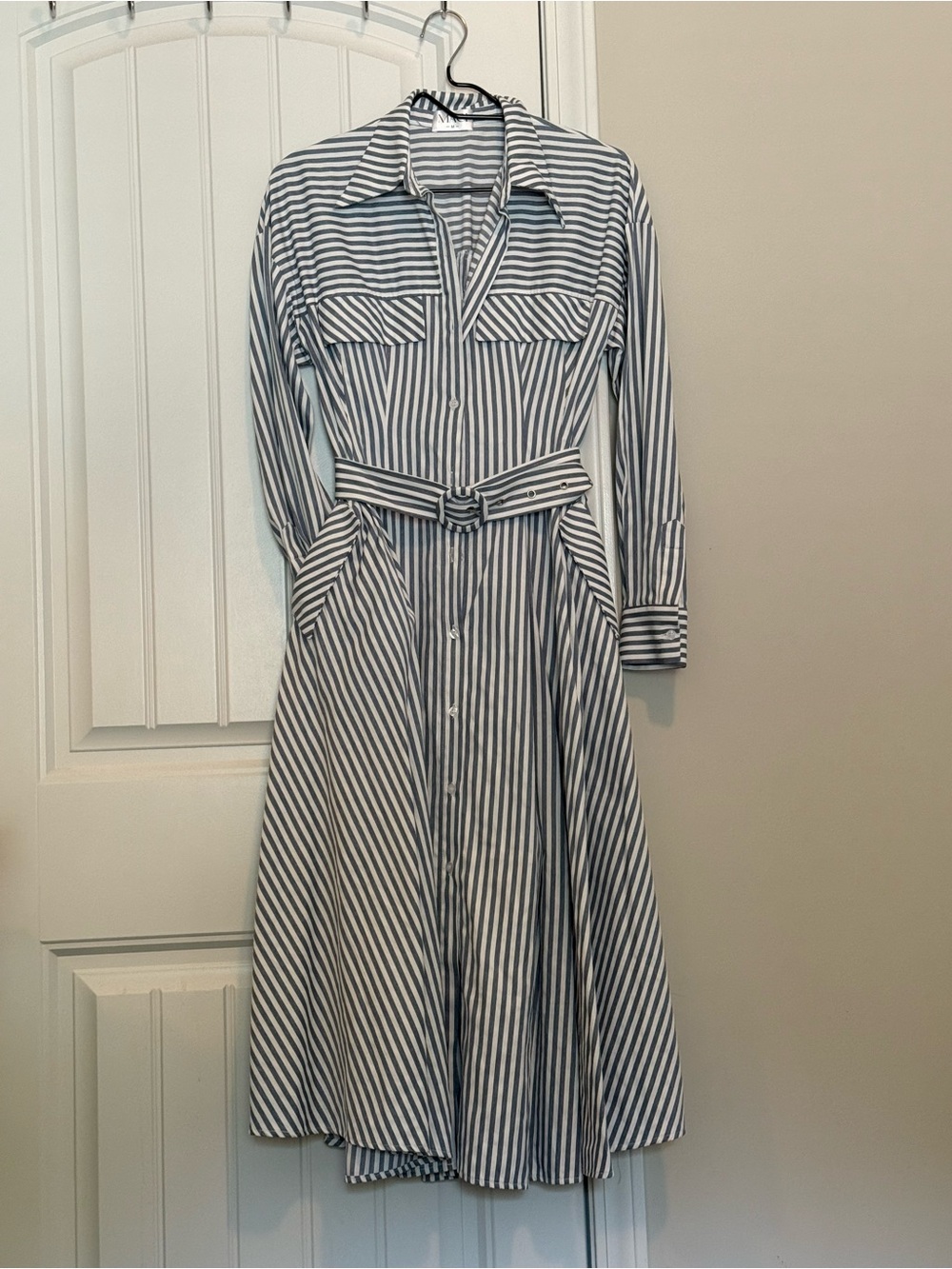 Striped Shirt Dress with Belt - Blue and White